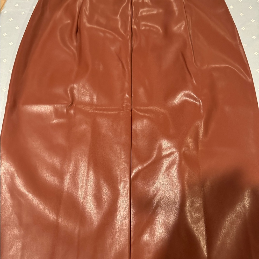 Women’s Brown Faux Leather Midi Pencil Skirt with Front Slit - Picture 5 of 6
